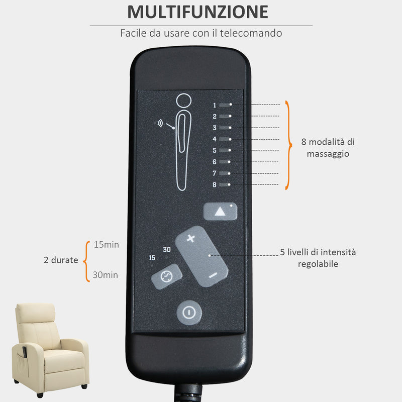 Poltrona Relax Massaggiante 68x88x98 cm con Telecomando in Similpelle Crema-7