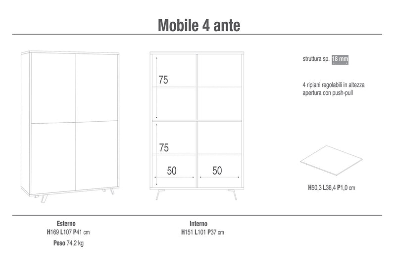 Mobile Multiuso 4 Ante 107x169x41 cm Cemento/Ossido Bianco-2