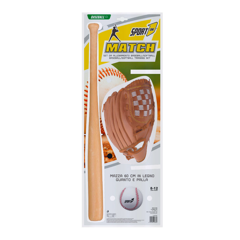 Set Baseball Mazza 60 cm in Legno Guanto Ergonomico e Palla in PU-2