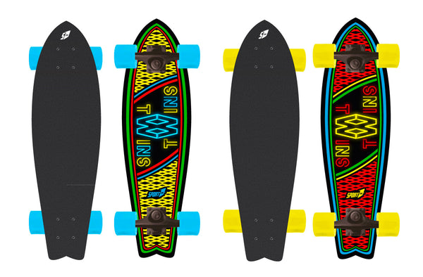 online Skateboard con Tavola 70 cm in Legno Coda di Rondine Twins Giallo/Azzurro e Rosso/Giallo