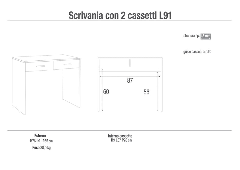 Scrivania da Ufficio 2 Cassetti 91x76x55 cm Bianco Fiammato/Olmo Chiaro-2