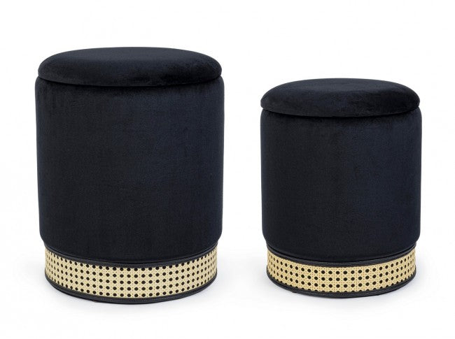 Set 2 Pouf Contenitore in Poliestere Effetto Velluto Milena Nero-1