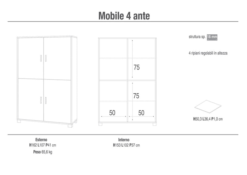 Mobile Multiuso 4 Ante 107x162x41 cm Cemento/Bianco Lucido-2