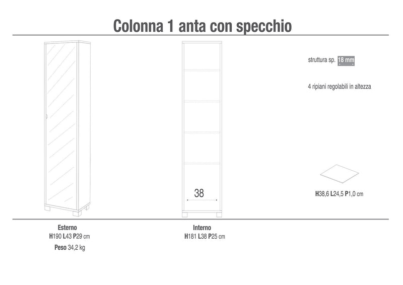 Armadio 1 Anta con Specchio 43x190x29 cm Noce Stelvio-2