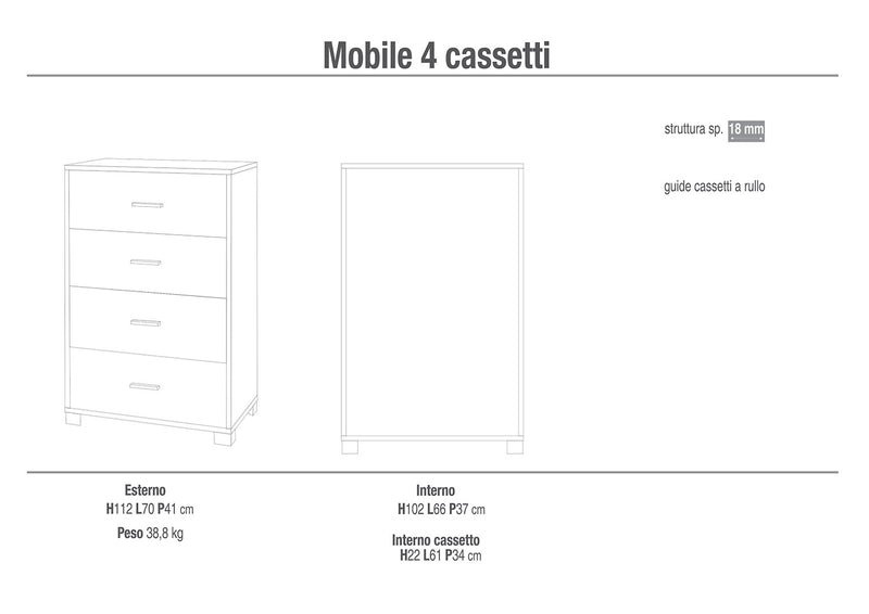 Cassettiera 4 Cassetti 70x112x41 cm Noce Stelvio/Bianco Fiammato-2