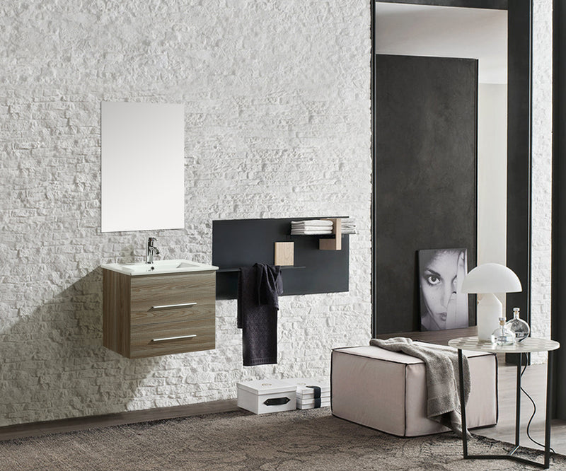 Mobile Bagno Sospeso 60 cm in MDF con Specchio Vorich Kristal Rovere-3