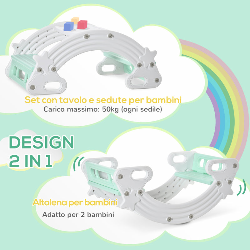 Set 2 in 1 Dondolo e Tavolo con Sedie per Bambini 100x54x42 cm in HDPE Grigio e Verde-4