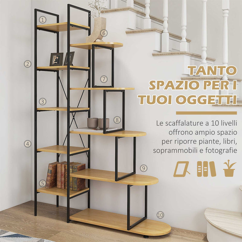 Libreria 10 Livelli 111,5x32x170 cm in Truciolato e Acciaio Naturale e Nero-5