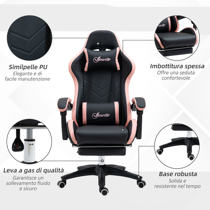 Sedia da Gaming Ergonomica 65x65x121-129 cm in Similpelle Rosa e Nero-7