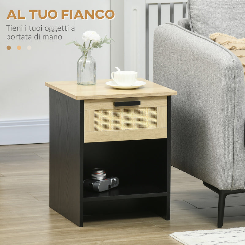 Comodino 1 Cassetto 1 Ripiano 40x40x50 cm in Legno e Rattan Nero e Naturale-4