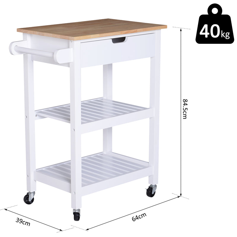 Carrello da Cucina Salvaspazio a 2 Ripiani con Cassetto in Legno Bianco 64x39x84.5 cm -3