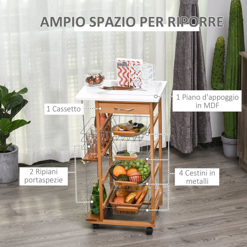 Carrello da Cucina 1 Cassetto 4 Cestelli 47x37x83 cm in Legno Marrone-4