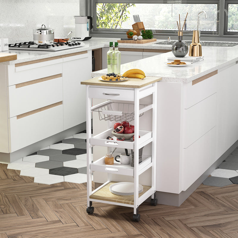 Carrello da Cucina 37x37x82 cm 3 Ripiani 1 Cesta in Legno  Bianco-2