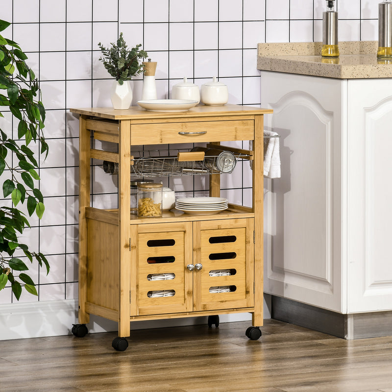 Carrello da Cucina con Cassetto 66x36x79 cm Armadietto e Cestino in Legno-2