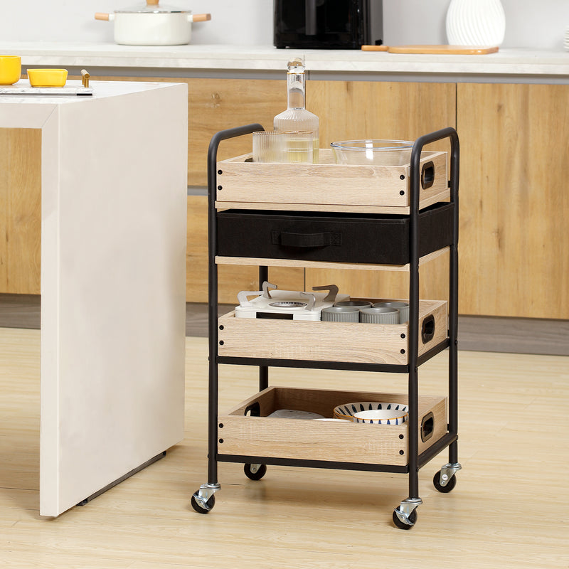 Carrello da Cucina 4 Livelli 45x35x79,5 cm con Cassetto e Vassoi Portavivande  in Legno e Acciaio-2