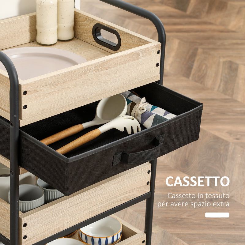 Carrello da Cucina 4 Livelli 45x35x79,5 cm con Cassetto e Vassoi Portavivande  in Legno e Acciaio-6