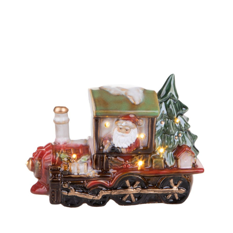 Statuina Babbo Natale con Locomotiva con Led 23 cm in Porcellana-2