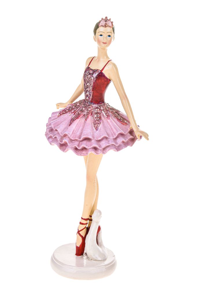 Set 2 Statuina Decorativa Ballerina su Punte 21,5 cm in Resina Rosa-1