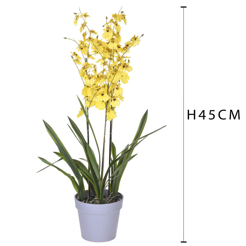 Orchidea Artificiali Oncidium a 3 Diramazioni con Vaso Altezza 45 cm Giallo-2