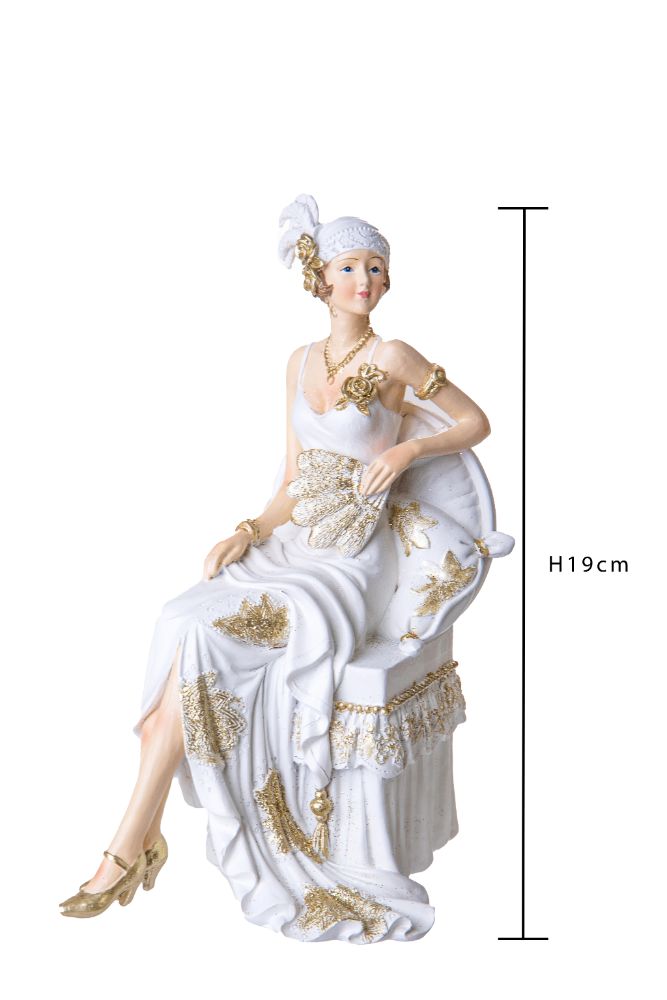 Statuina Dama su Sofà 19 cm in Resina Bianco e Oro-2