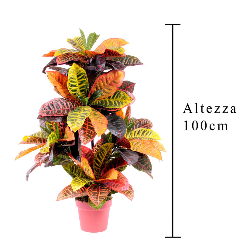 Croton Artificiale con Vaso, Composto da 136 Foglie Altezza 100 cm Verde-2