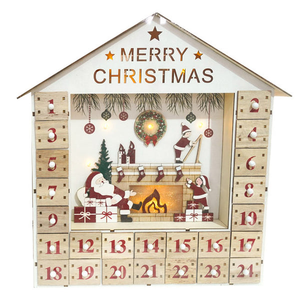 Adventskalender 34x8x35 cm Holzhaus mit Lichtern prezzo