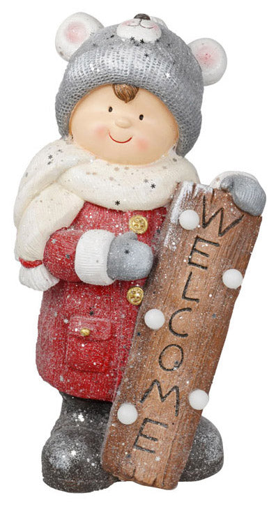 sconto Weihnachtsfigur H44 cm aus Harz mit leuchtendem Willkommensschild