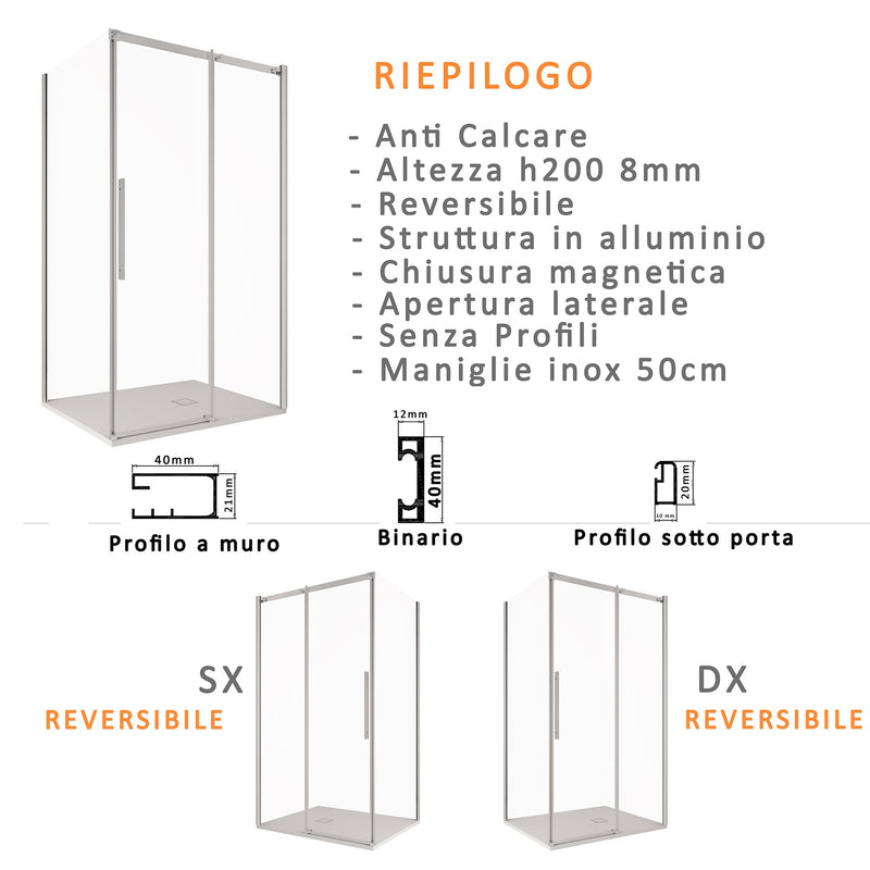 Box Doccia 3 Lati 1 Anta Scorrevole in Cristallo Trasparente 8mm H200 Bonussi Eliane-5