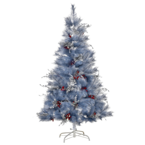 Künstlicher Weihnachtsbaum 150 cm 222 Äste mit silbernen Blättern und roten Beeren sconto