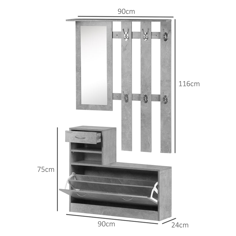 Mobile Guardaroba per Ingresso con Specchio Appendiabiti e Scarpiera Regolabile Grigio cemento 90x22x116 cm -3