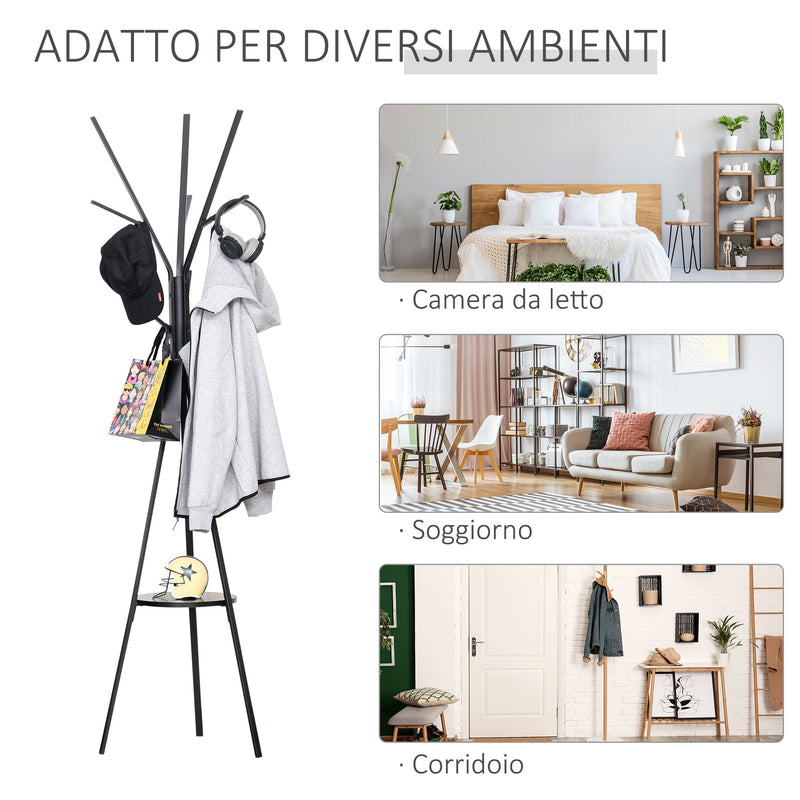 Appendiabiti da Terra Attaccapanni in Metallo e Legno Nero 45x45x180 cm -6