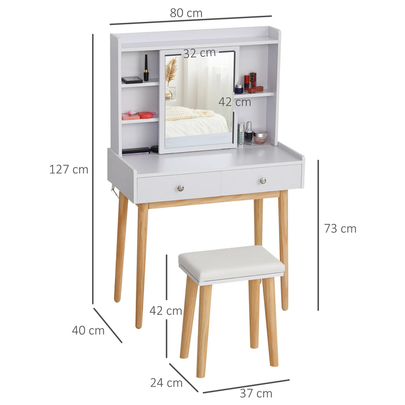 Consolle Trucco 80x40x127 cm con Specchio e Sgabello  Bianca-3