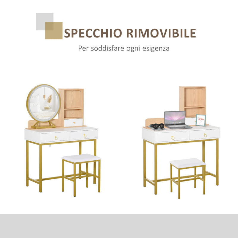 Consolle Trucco 90x40x125 cm con Specchio e Sgabello Bianco-4