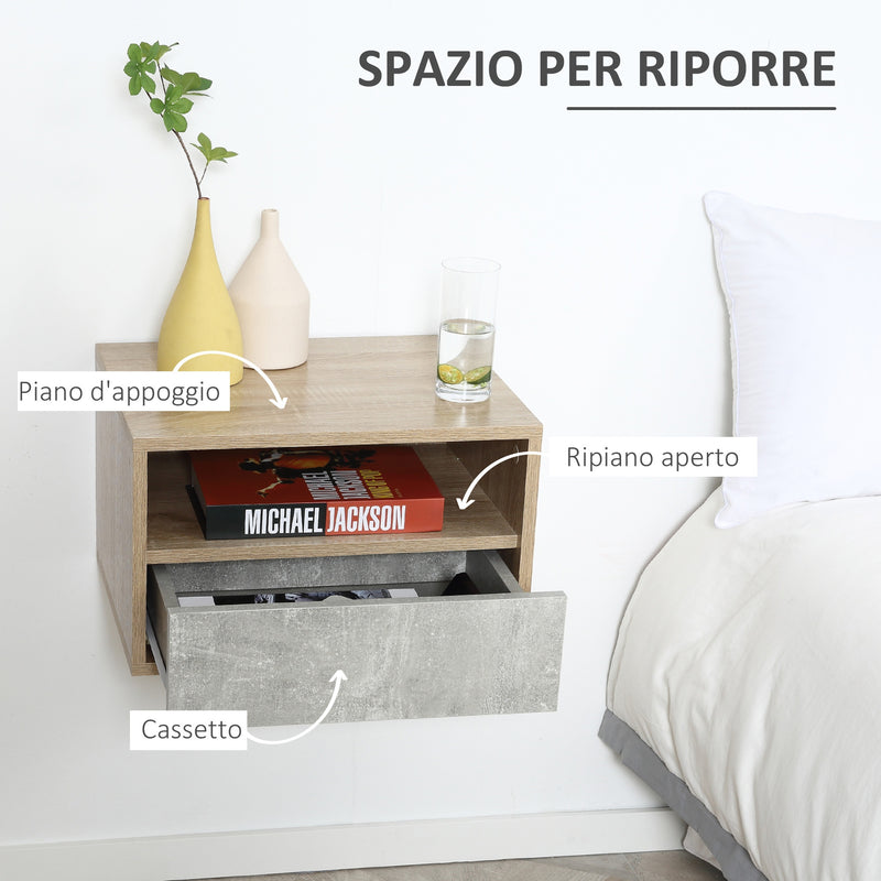 Set 2 Comodini Sospesi 45x35x27,5 cm con Cassetto e Ripiano Grigio-5