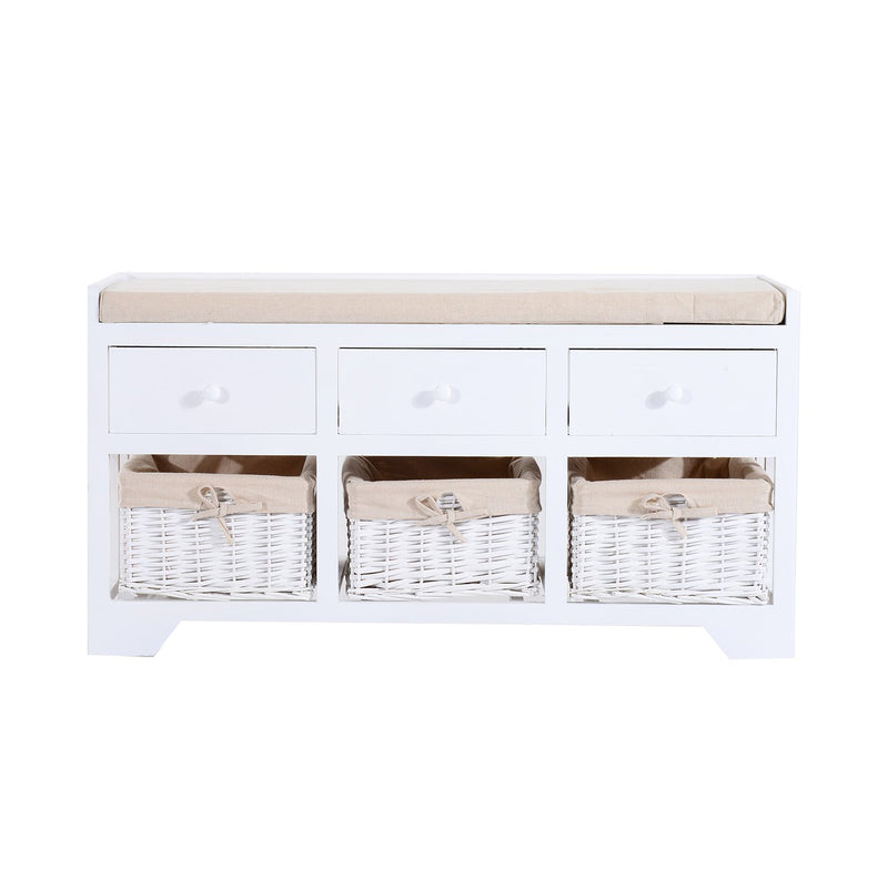 Panca Contenitore in Legno con Cassetti e Ceste in Vimini Bianco 98x34x52 cm -4