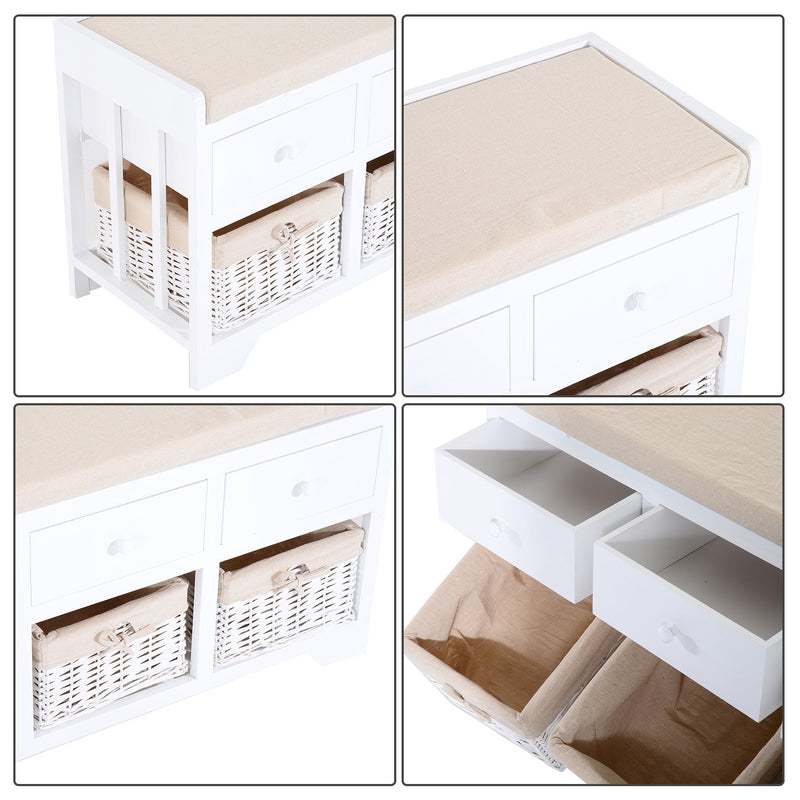 Panca Contenitore in Legno con Cassetti e Ceste in Vimini Bianco 98x34x52 cm -8