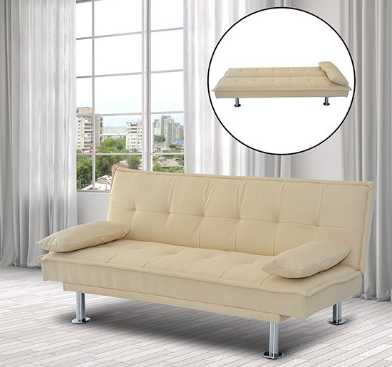 Divano Letto 2 Posti in Tessuto con 2 Cuscini Beige 181x83x85 cm -2