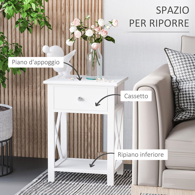 Comodino per Camera da Letto Tavolino d'Appoggio con Cassetto in Legno Bianco 40x30x55 cm -4