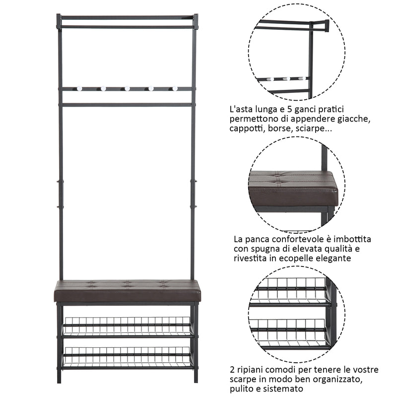 Panchina Ingresso con Appendiabiti in Metallo Imbottita Marrone 72.5x35x180 cm -4