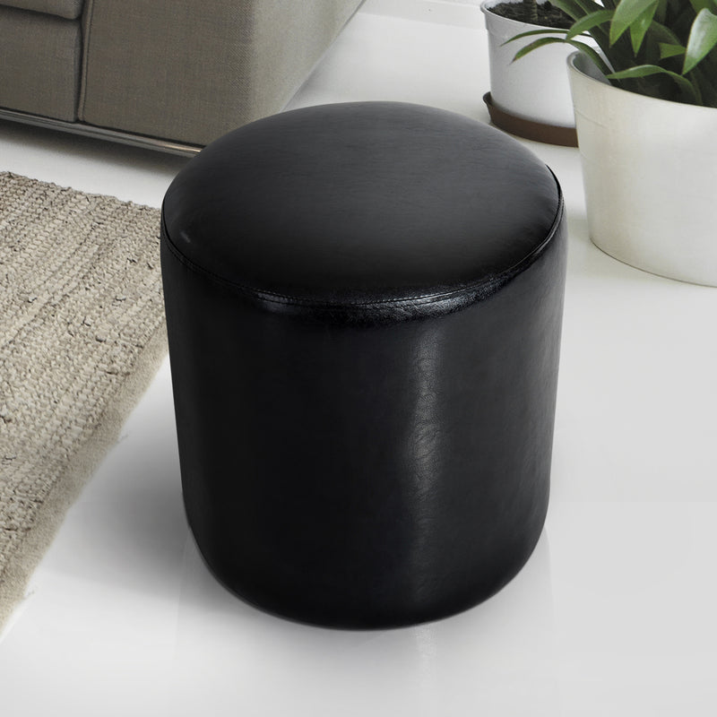 Pouf Poggiapiedi Sgabello Tondo Imbottito in Similpelle Nero 45x45x50 cm -2