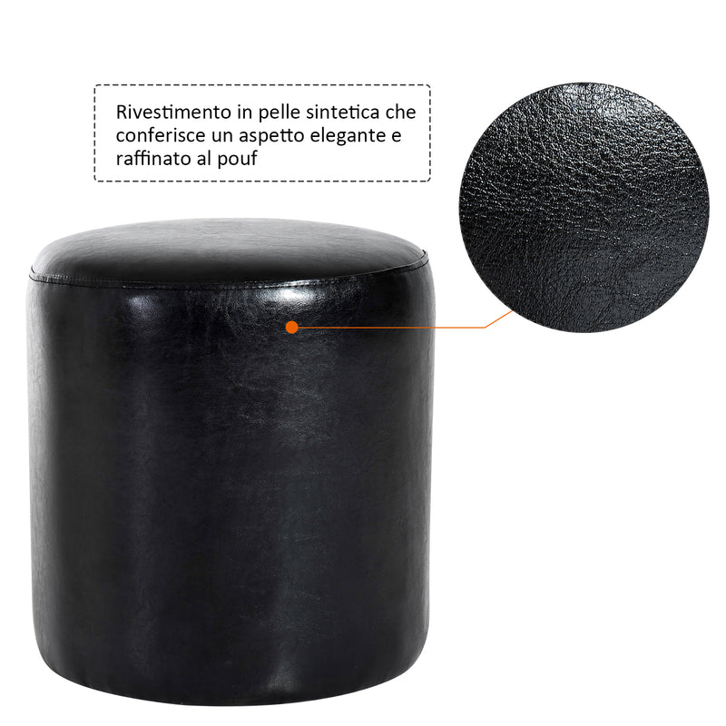 Pouf Poggiapiedi Sgabello Tondo Imbottito in Similpelle Nero 45x45x50 cm -6