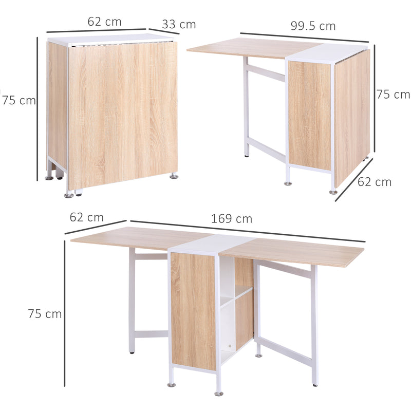 Tavolo Pieghevole Salvaspazio con 4 Scompartimenti Rovere e Bianco 169x62x75 cm -3