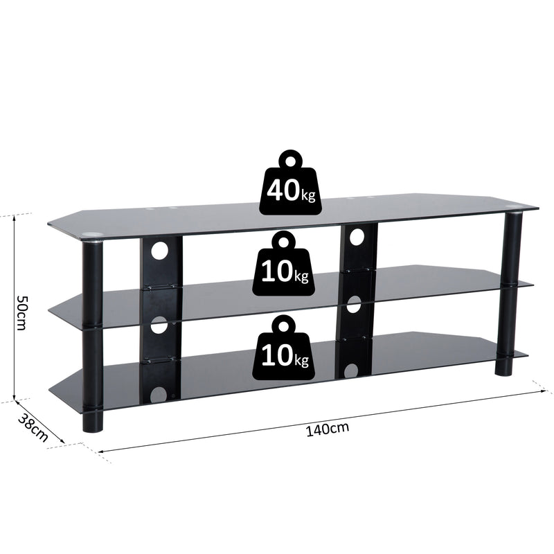 Mobile TV con 3 Ripiani in Vetro Nero 140x38x50 cm -3