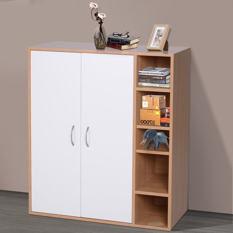 Credenza con 2 Ante e 5 Ripiani in Legno e Bianco 80x32x90.5 cm -2