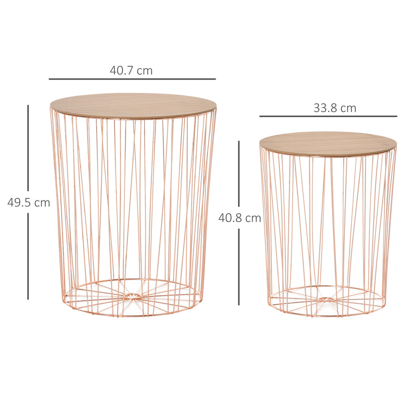 Set 2 Tavolini Contenitori Ripiano Rimovibile in Metallo e MDF Oro Rosa e Legno-3