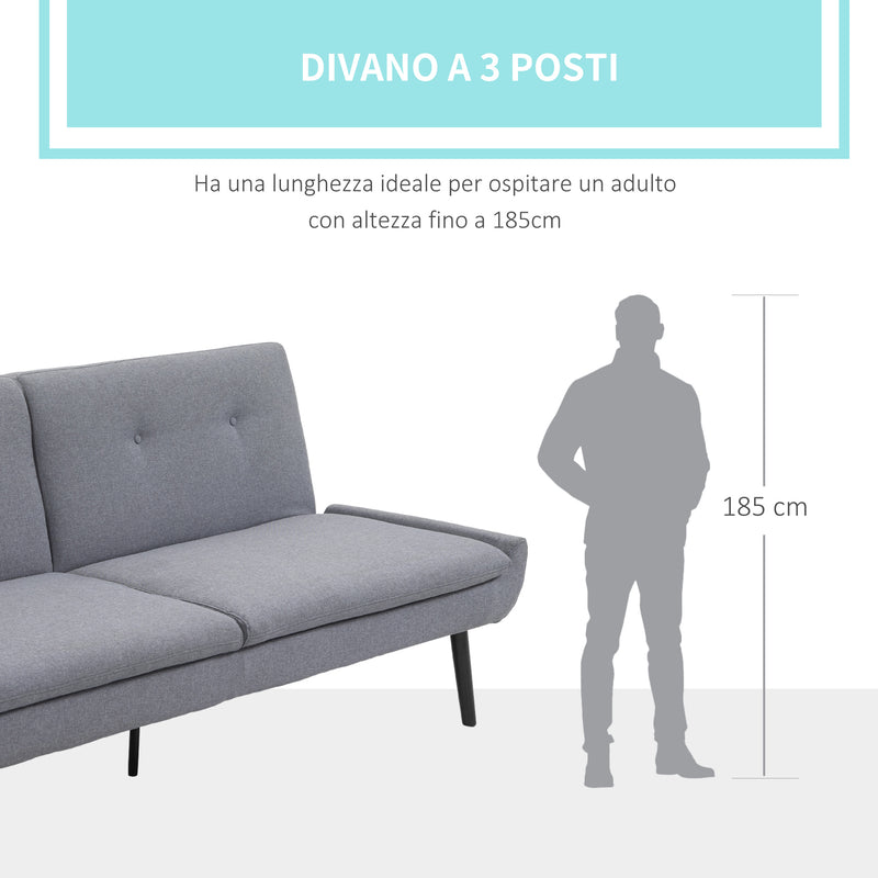 Divano Letto 3 Posti 195x84x82 cm in Tessuto Effetto Lino Grigio-4