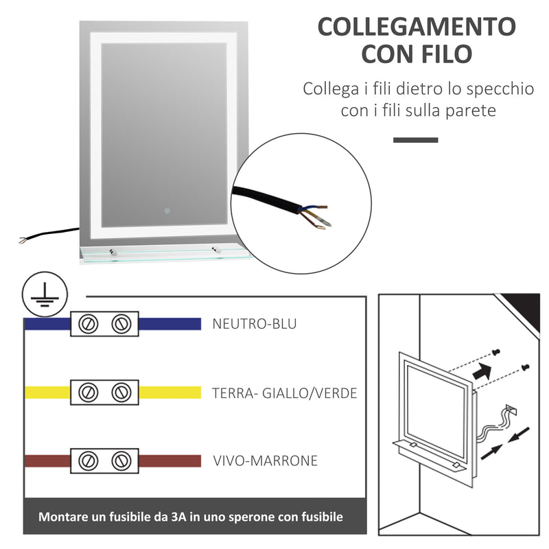 Specchio da Bagno con LED e Mensola in Vetro 70x50 cm -6