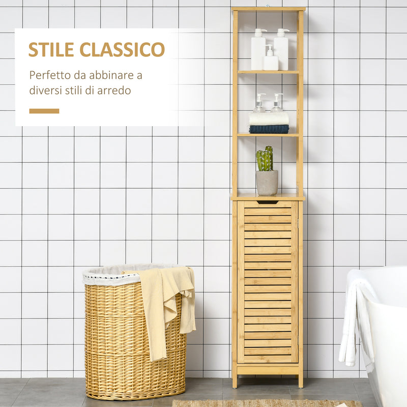 Mobile a Colonna 3 Ripiani 1 Credenza 34x30x173 cm in MDF e Bambù Naturale-3