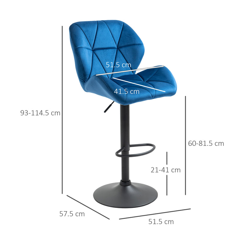 Set 2 Sgabelli da Bar 51,5x57,5x93-114,5 cm in Tessuto Effetto Velluto Blu-3