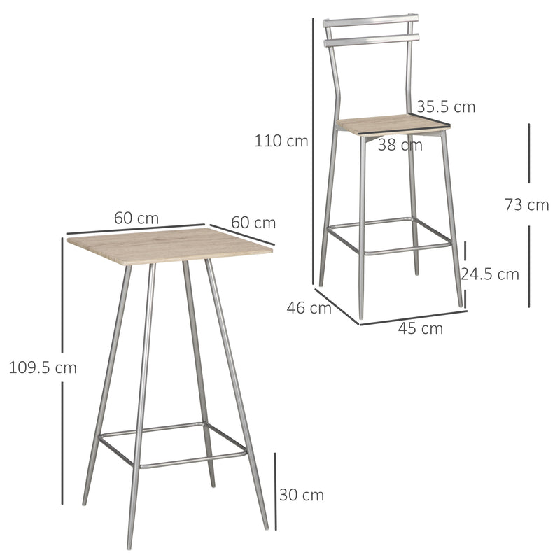 Set Bar Tavolino Alto e 2 Sgabelli da Giardino in Acciaio e Legno Quercia-3